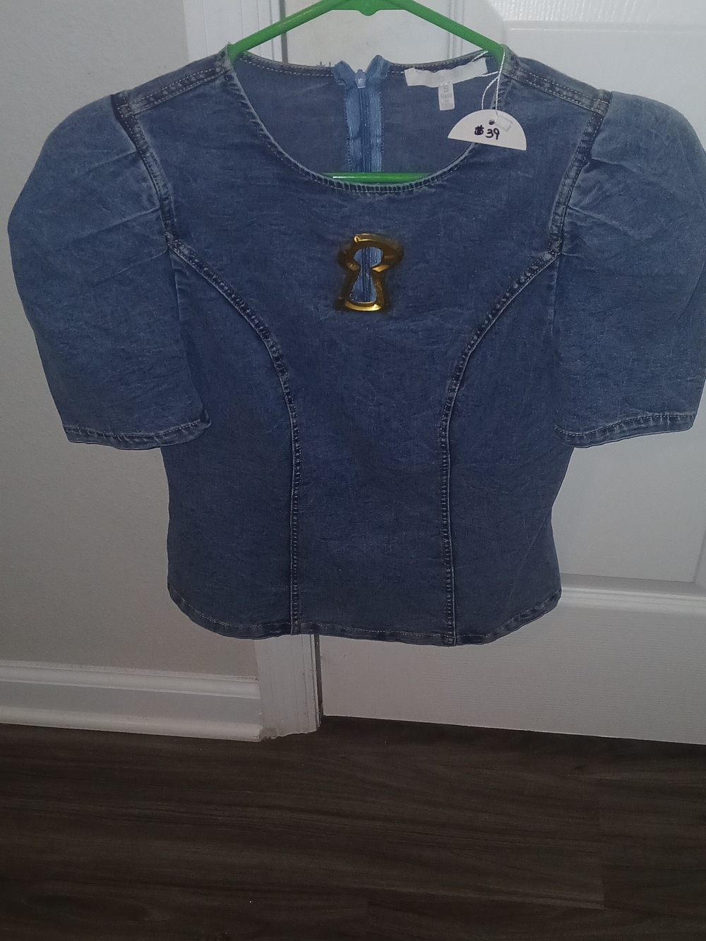 Pastels Clothing Blue Denim-Style Puff Sleeve Top with Gold Accent